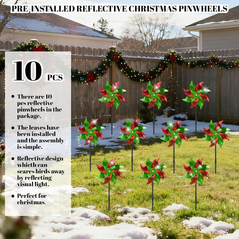 DECEED 10 PCS Pre-Assembled Christmas Red and Green Reflective Pinwheels, Large Foil Sparkly Wind Spinners with Stakes, Farm Bird Animal Deterrent Windmill, Christmas Outdoor Garden Lawn Yard Decor - Image 2